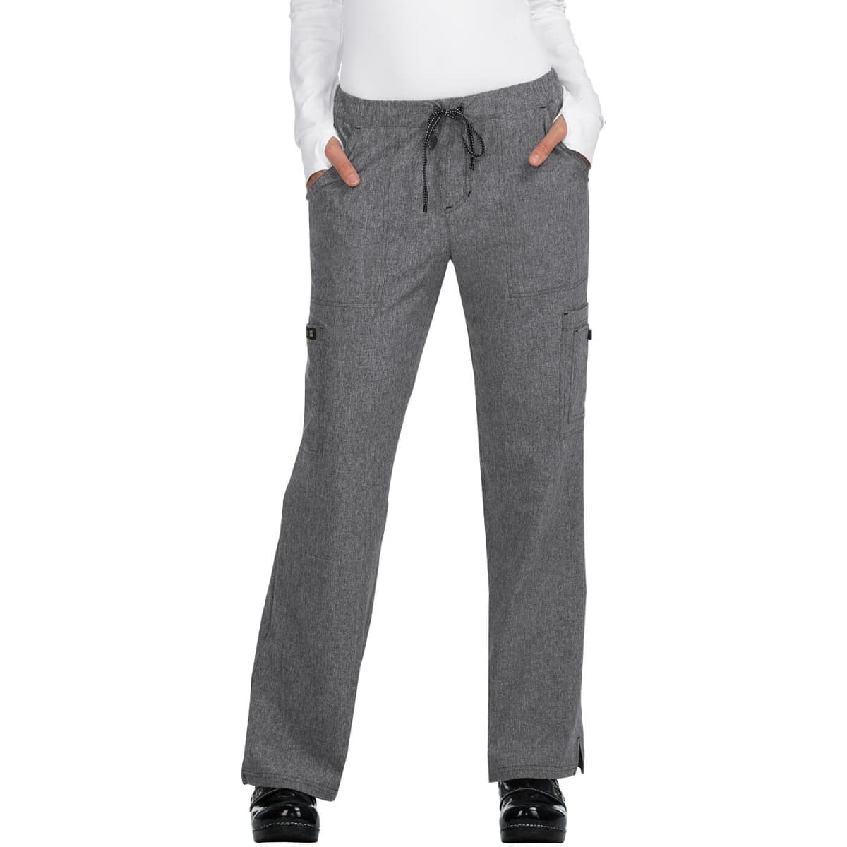 A pair of grey cargo pants with pockets and a drawstring, displayed on a model.