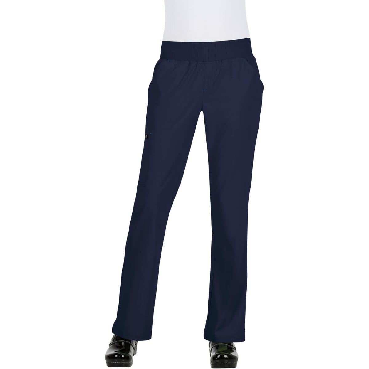 A pair of navy pants featuring a stretchy waist and side pockets, displayed on a plain white mannequin.