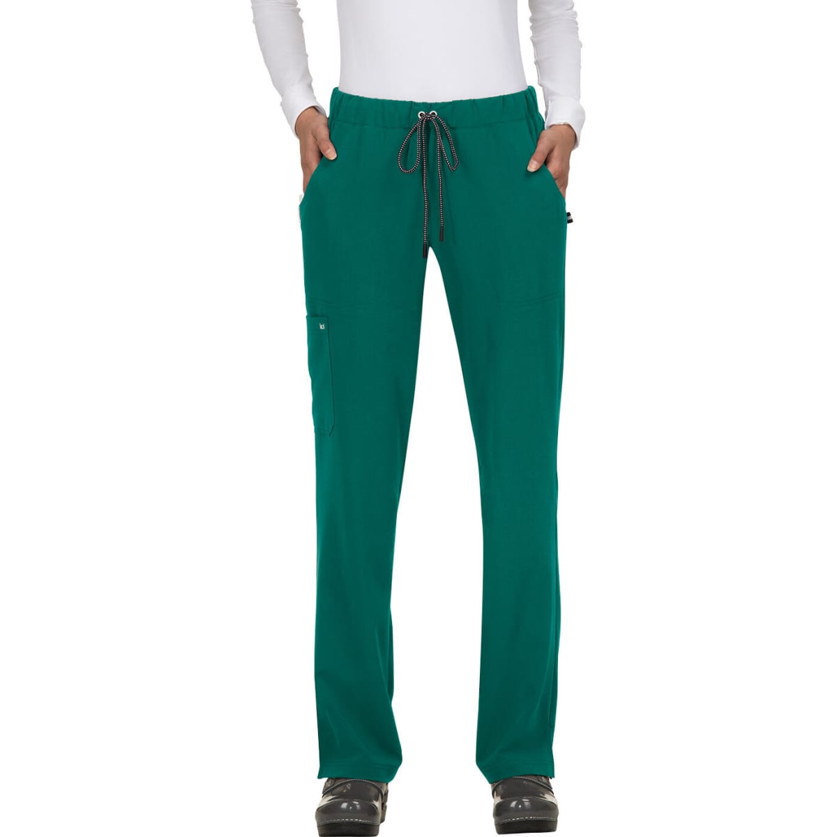 A pair of teal pants with a drawstring waist and pockets, featuring a logo on the side.