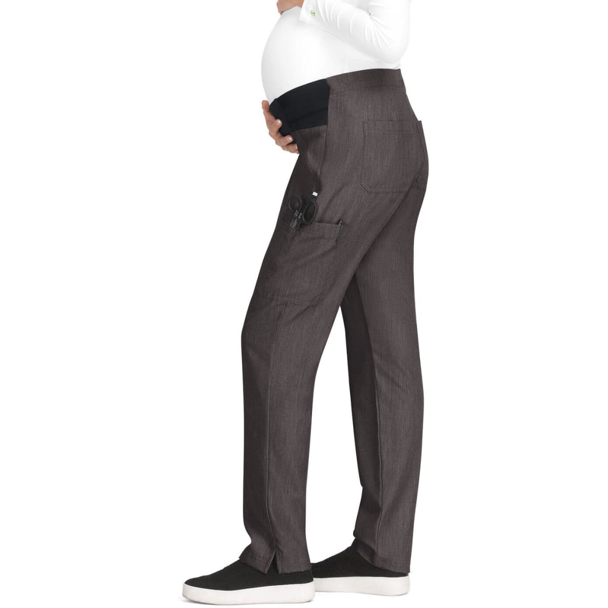 A pair of grey maternity pants with a black waistband, featuring a side pocket and a fitted style.