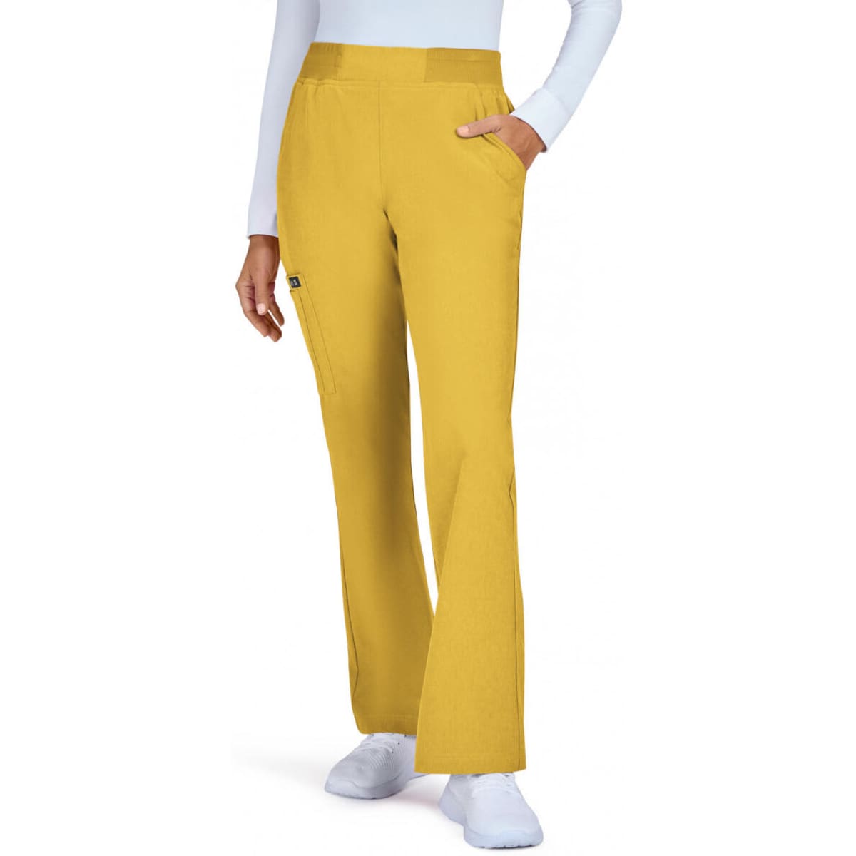 A pair of yellow pants with a straight leg style and pockets, displayed on a model.