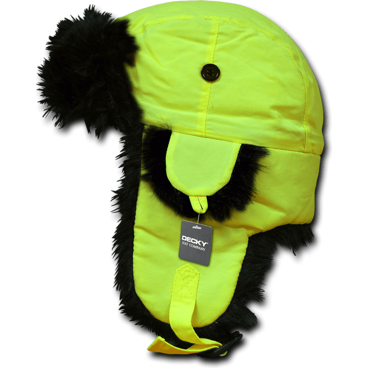A neon yellow aviator hat featuring a faux fur trim and an adjustable strap. It has a logo on the tag.