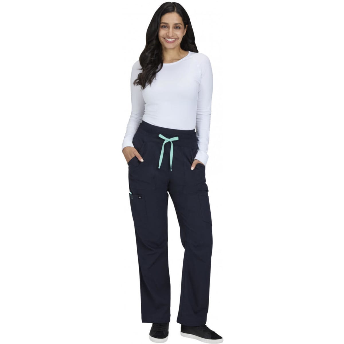A pair of navy wide leg pants with a mint green drawstring, featuring pockets and a fitted waistband.