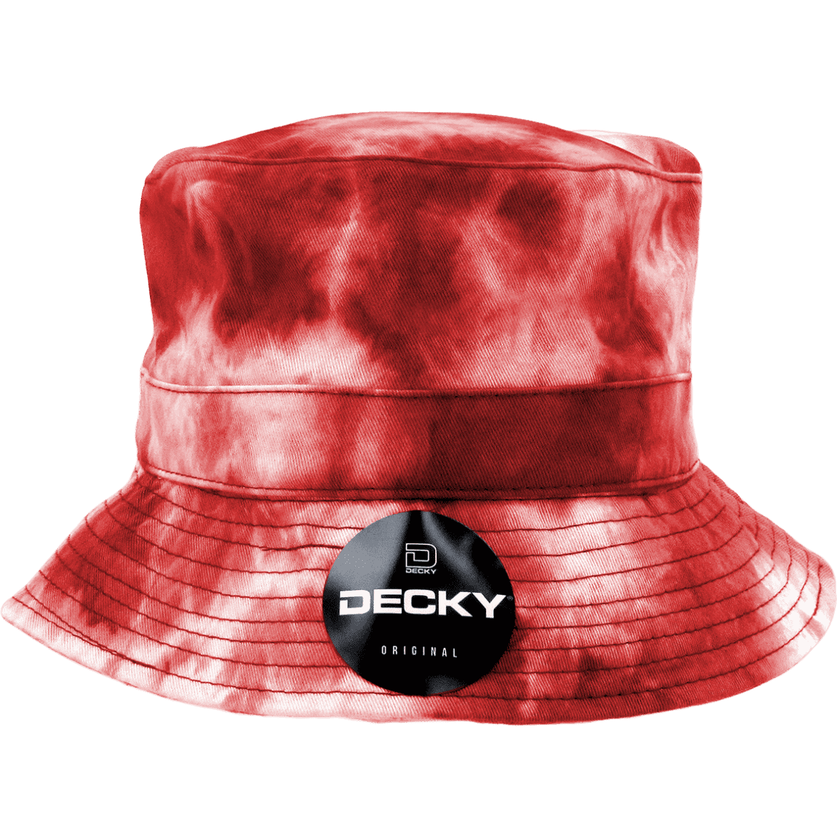 A tie dye bucket hat in red with a logo on the side. The hat features a wide brim and a textured design.