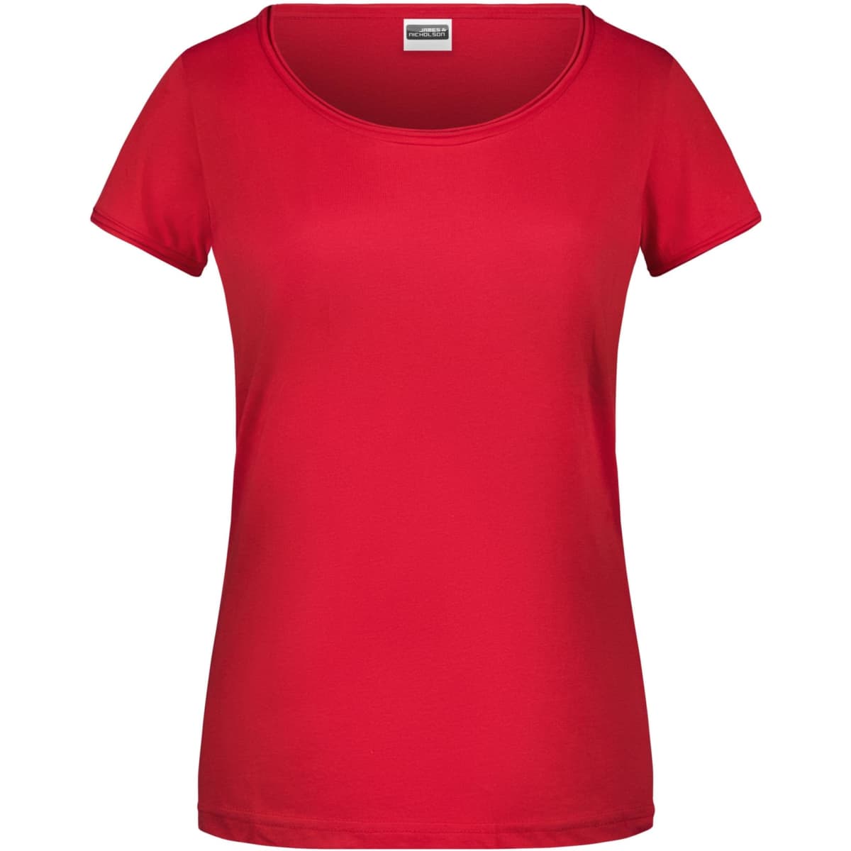 A red ladies' T-shirt with short sleeves and a round neckline, featuring a logo.