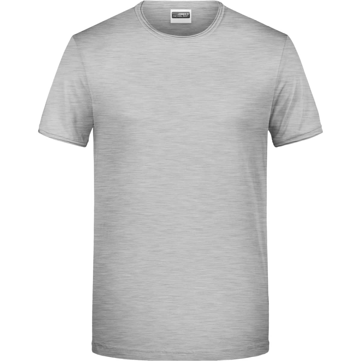 A grey short-sleeved T-shirt with a round neckline. The shirt features a logo on the label.