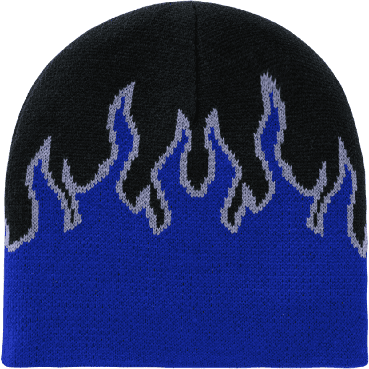 A beanie in blue with black and grey flame designs at the top. It features a logo on the side.