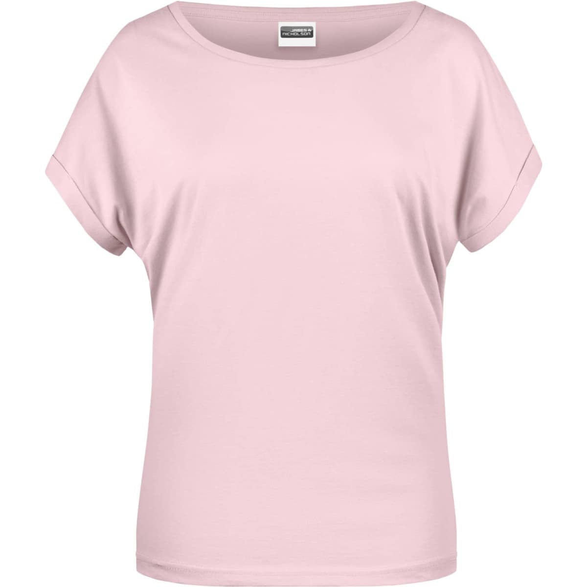 A light pink short-sleeved women's T-shirt with a relaxed fit, featuring a logo on the label.