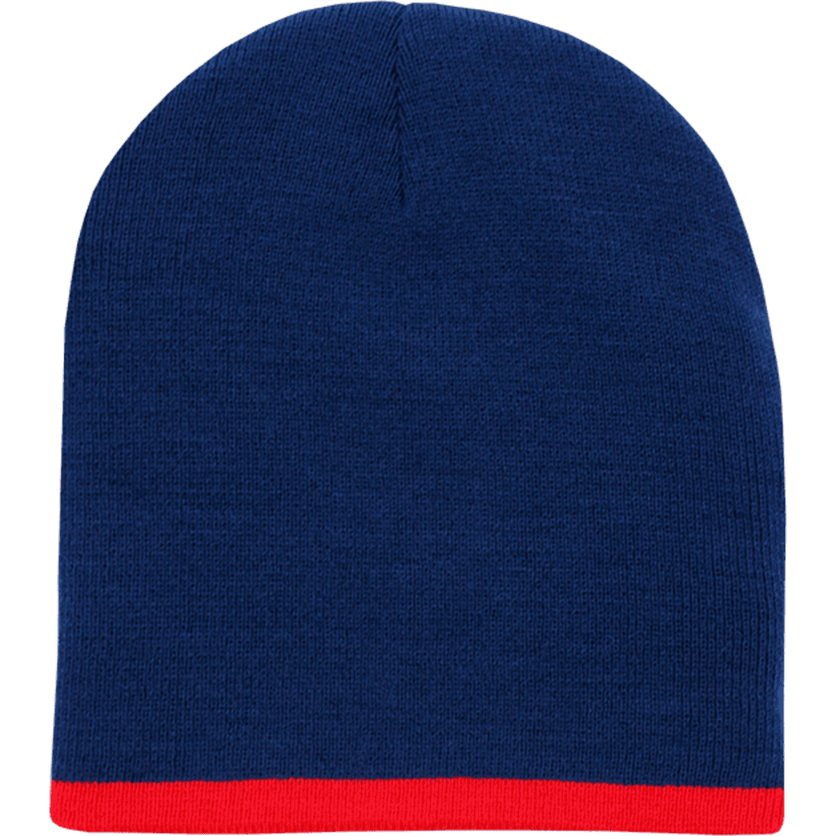 A striped short beanie in navy blue with a bright red band at the bottom. It features a logo on the side.