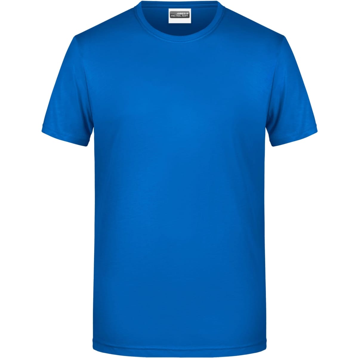 A blue basic T-shirt in a classic short-sleeve style, featuring a logo. Suitable for casual wear.