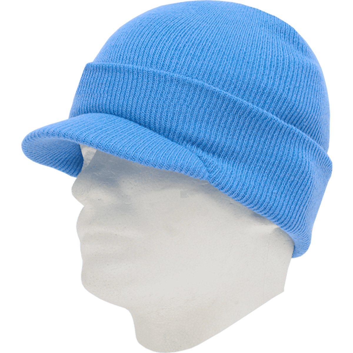 A blue knitted hat with a wide brim, displayed on a mannequin head. The hat is soft and fitted.