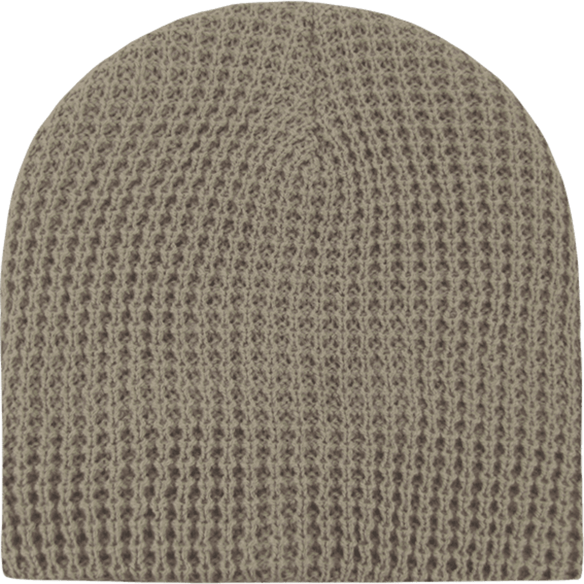 A waffle-patterned beanie in a light brown shade, featuring a textured knit design.