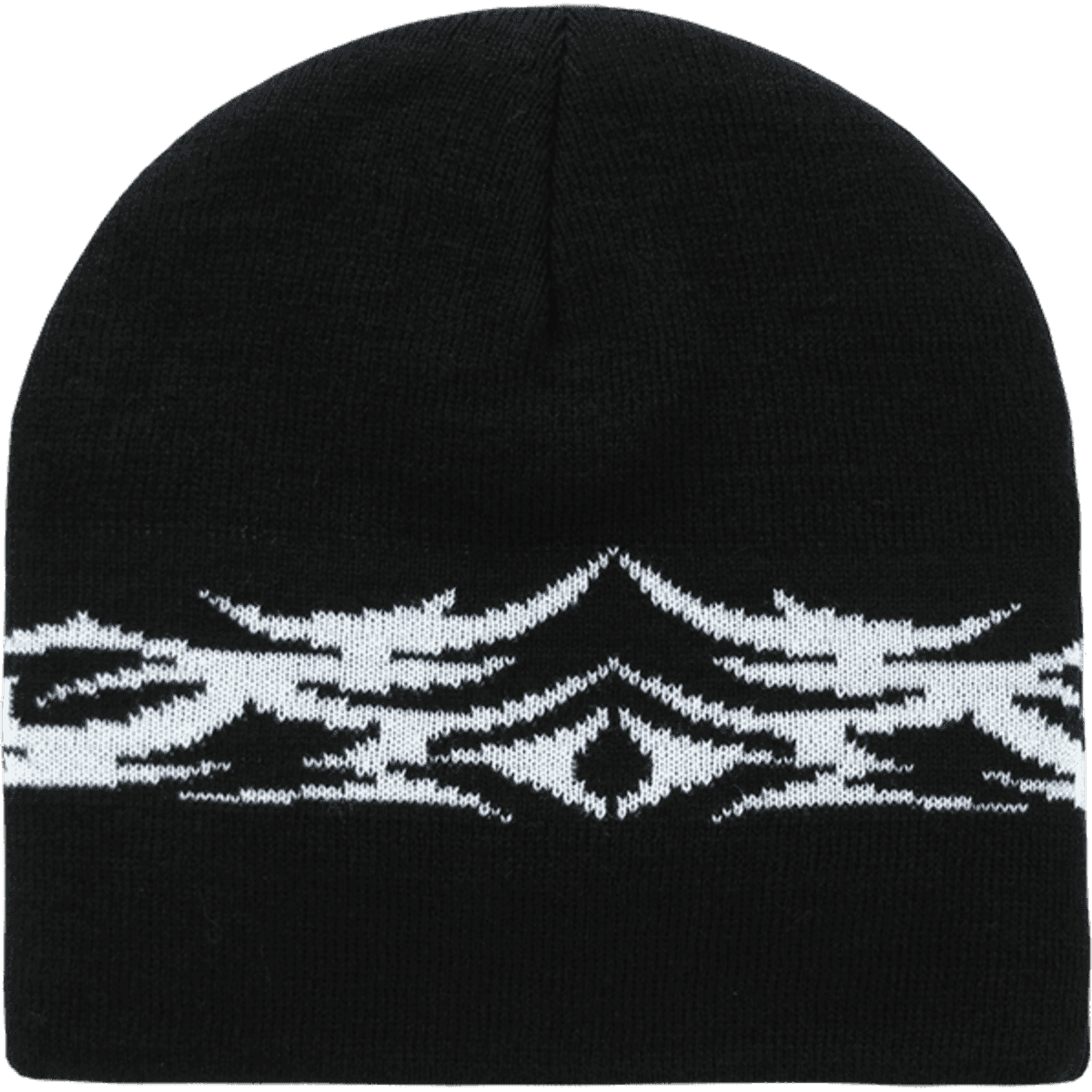A black beanie featuring a white tribal pattern across the middle, with a snug fit and knitted texture.