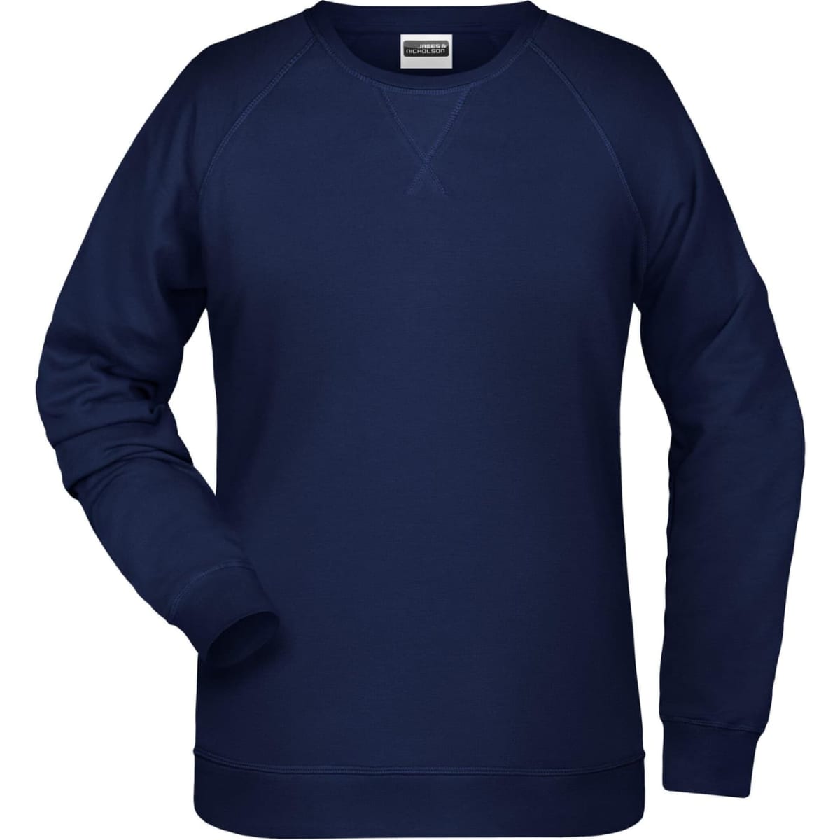 A navy blue ladies sweatshirt with a classic crew neck and raglan sleeves. It features a logo on the label.