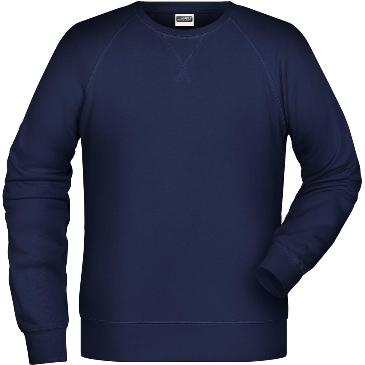A navy blue men's jumper with a round neck and long sleeves, featuring a logo on the front.
