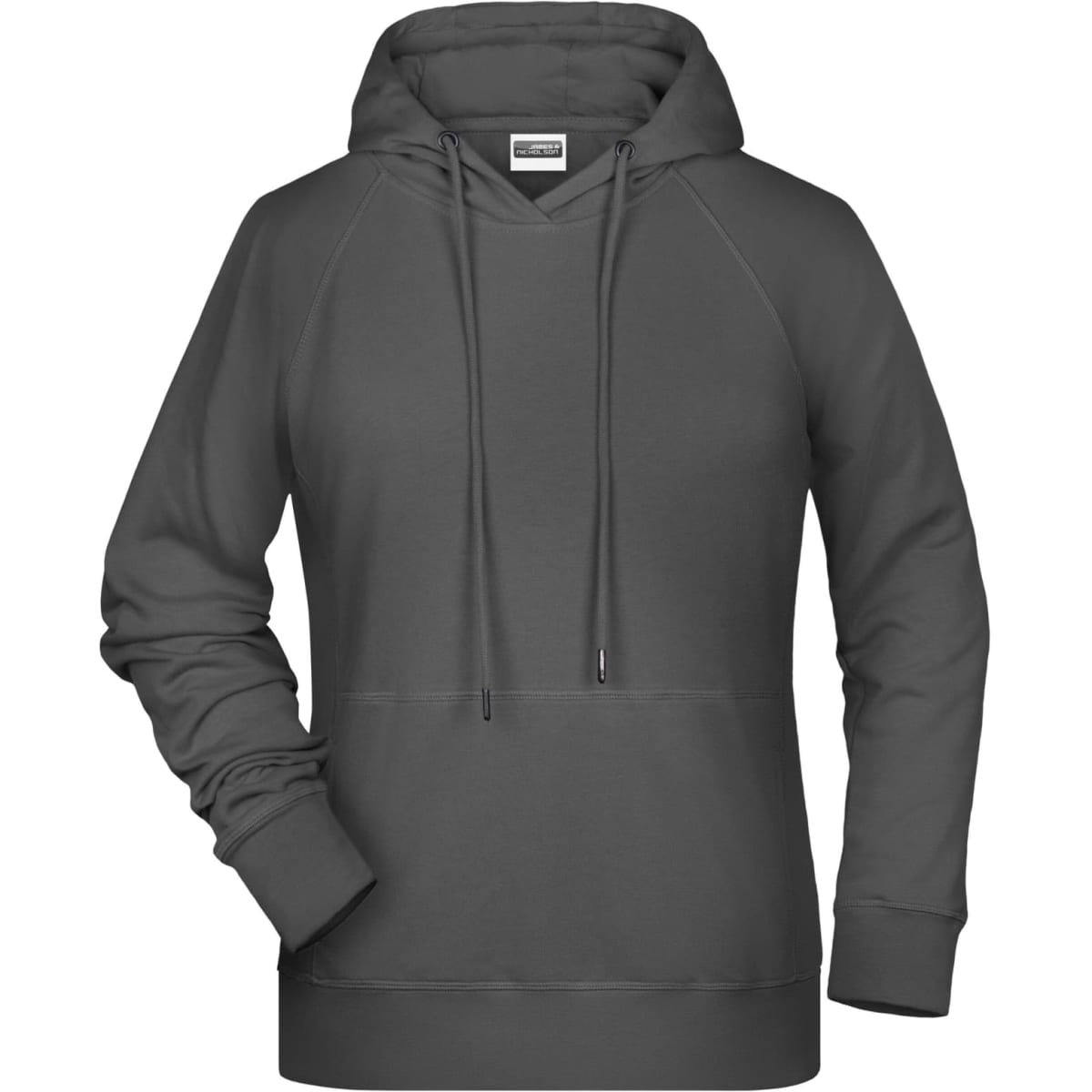 A grey ladies hoodie featuring a front pocket and drawstring hood, with a logo on the chest area.