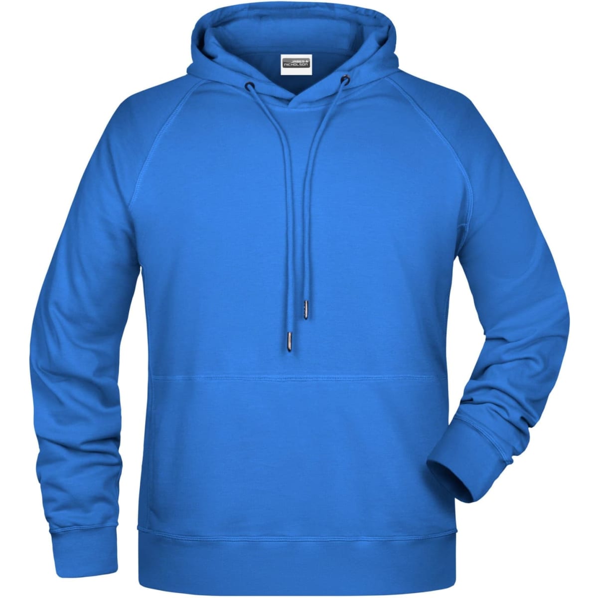 A blue men's hoodie with a front kangaroo pocket and drawstring hood, featuring a logo on the chest.