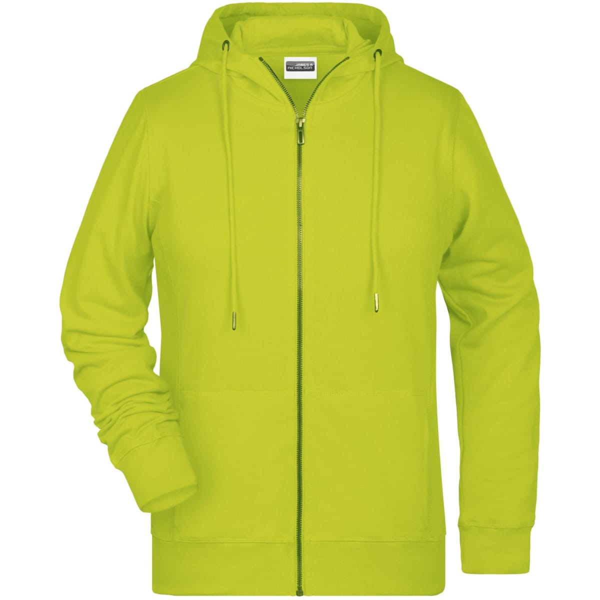 A bright green ladies zip hoodie with a front zipper and hood, featuring long sleeves and a logo.