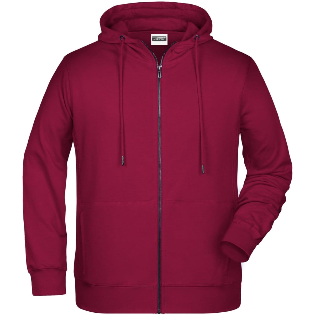 A maroon zip hoodie with a front zip, drawstrings, and a logo. Ideal for casual wear.