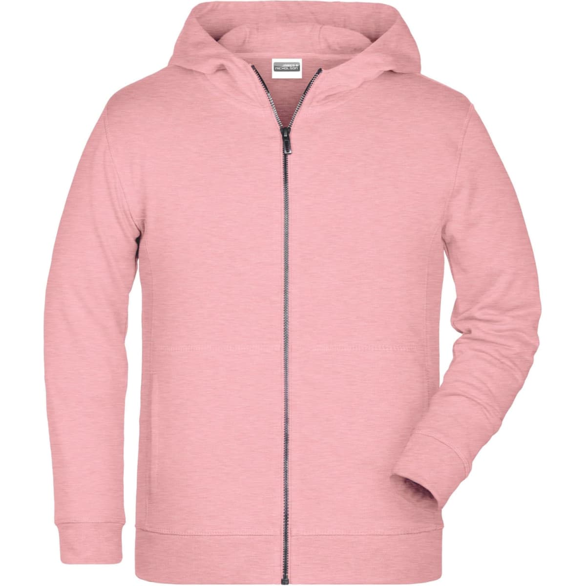 A pink children's zip hoodie featuring a front zipper and a hood. It has long sleeves and a simple design.