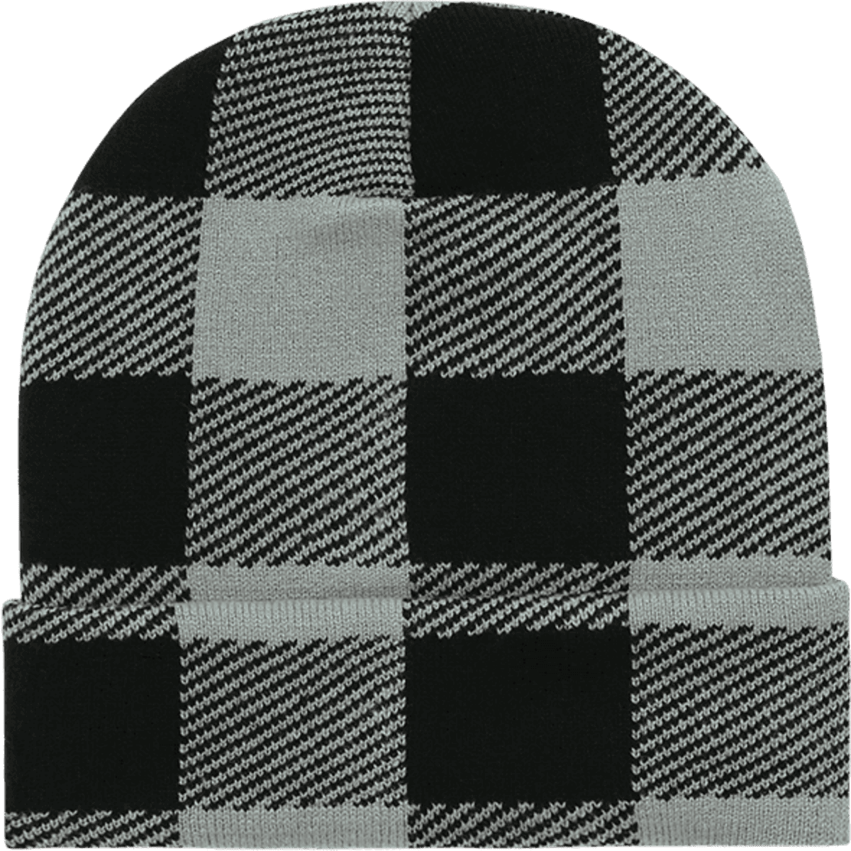 A long plaid beanie in black and grey, featuring a checked pattern. The beanie has a turned-up cuff and a logo.