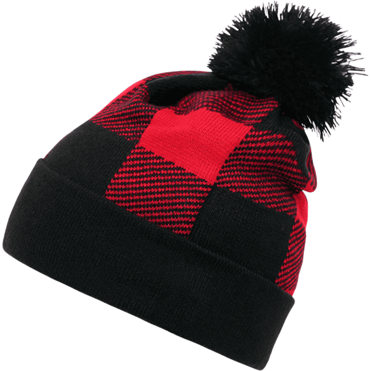 A red and black plaid beanie with a fluffy black pom-pom on top and a logo detail.