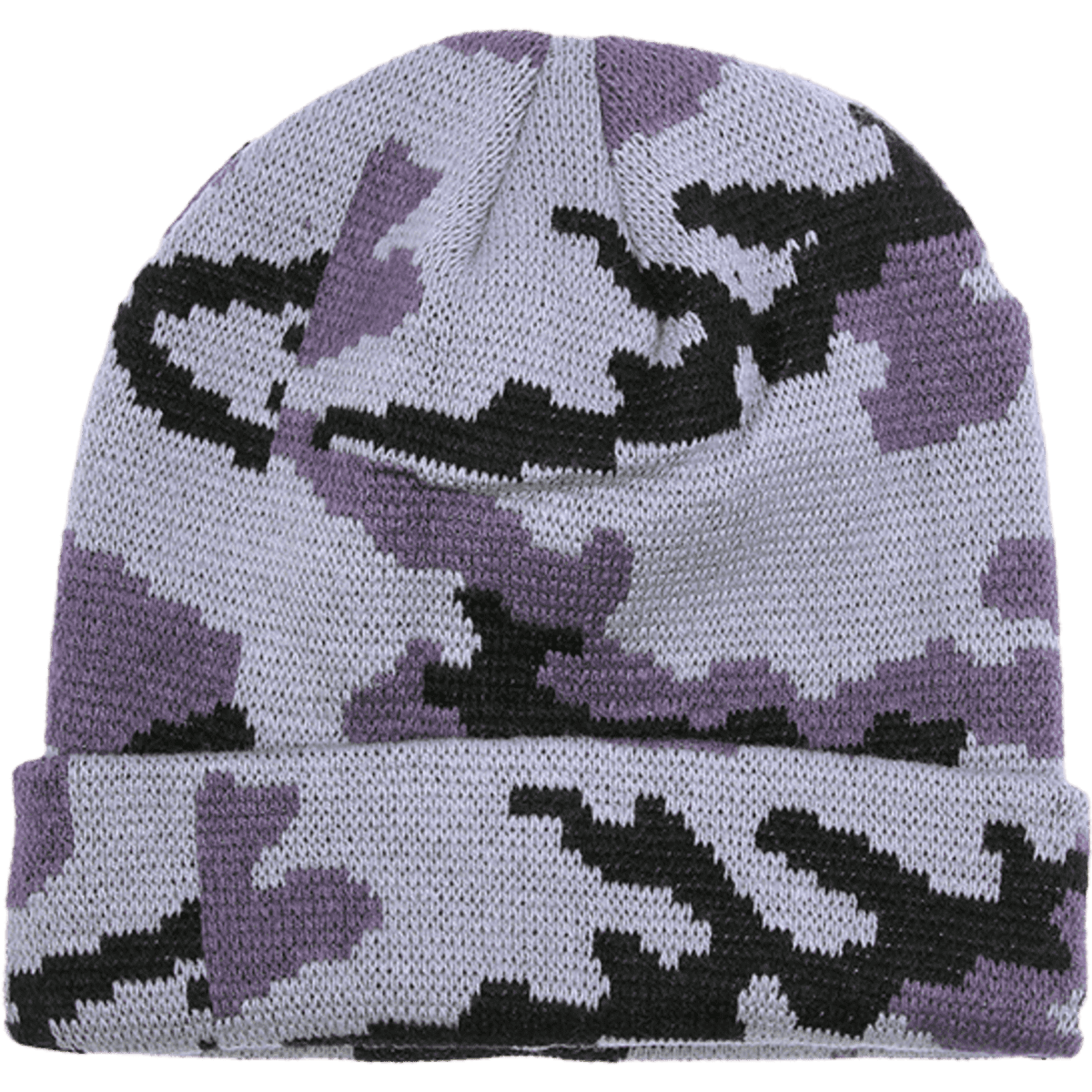 A camo long beanie in shades of purple and black, featuring a camouflage pattern and a folded brim.