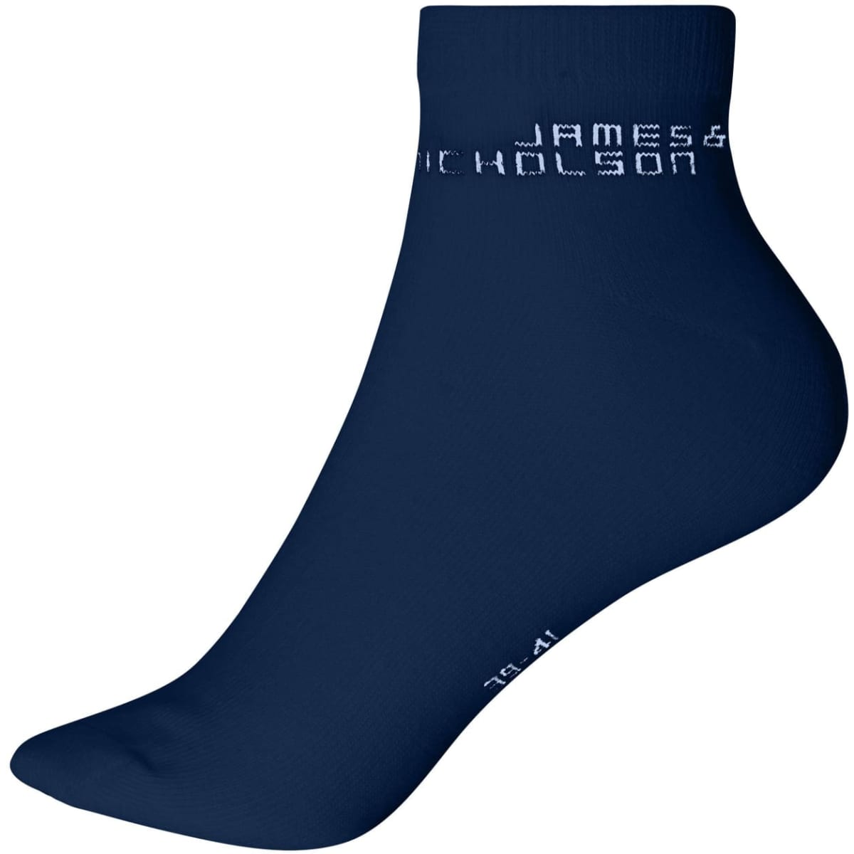 A pair of navy blue organic sneaker socks with a logo on the side.