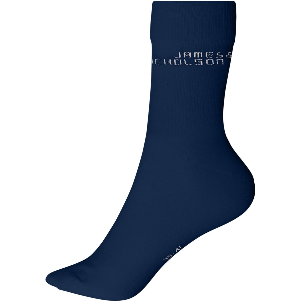 A pair of navy blue organic socks with a logo on the side.