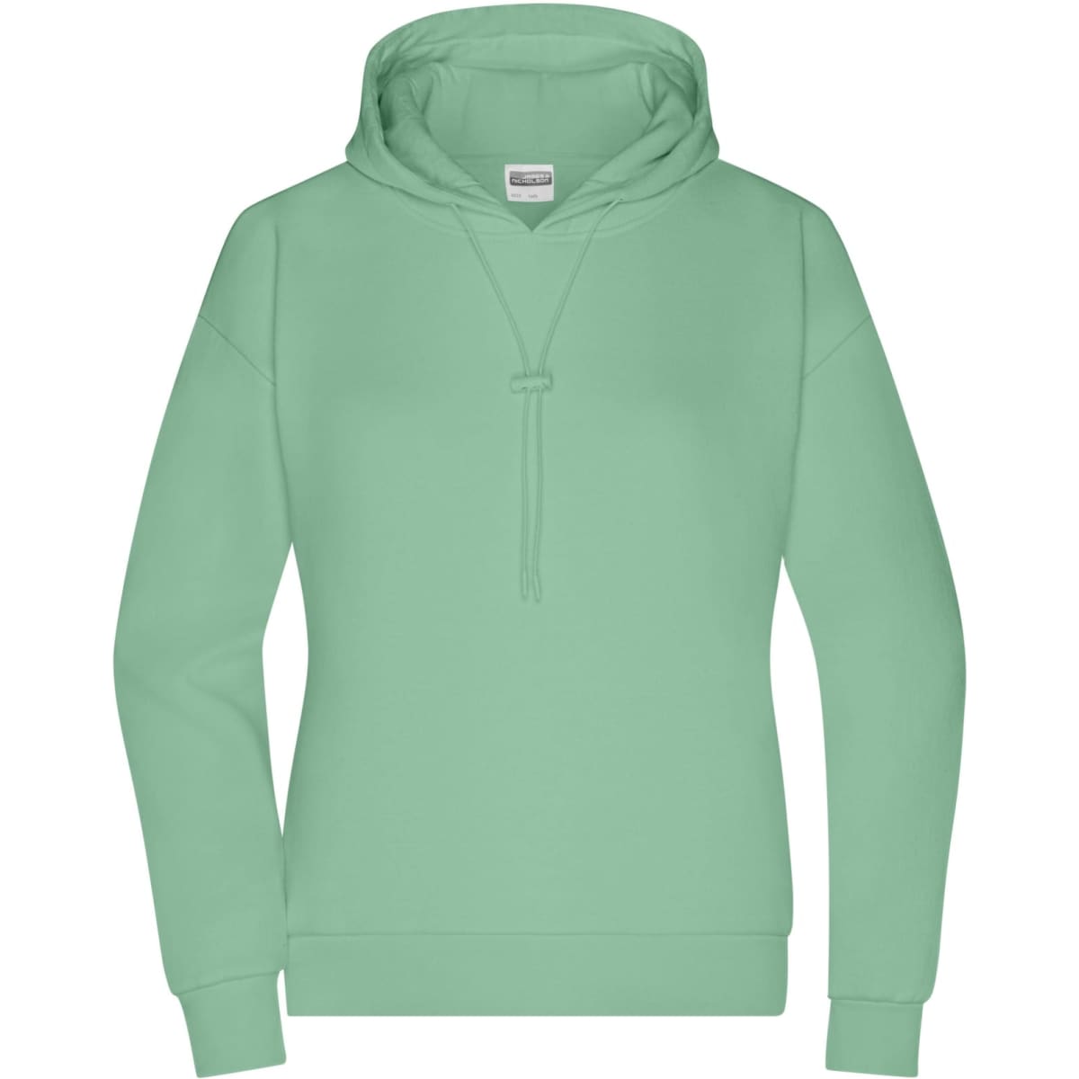 A mint green ladies hoodie with a drawstring and a front pocket. It features a logo on the chest area.