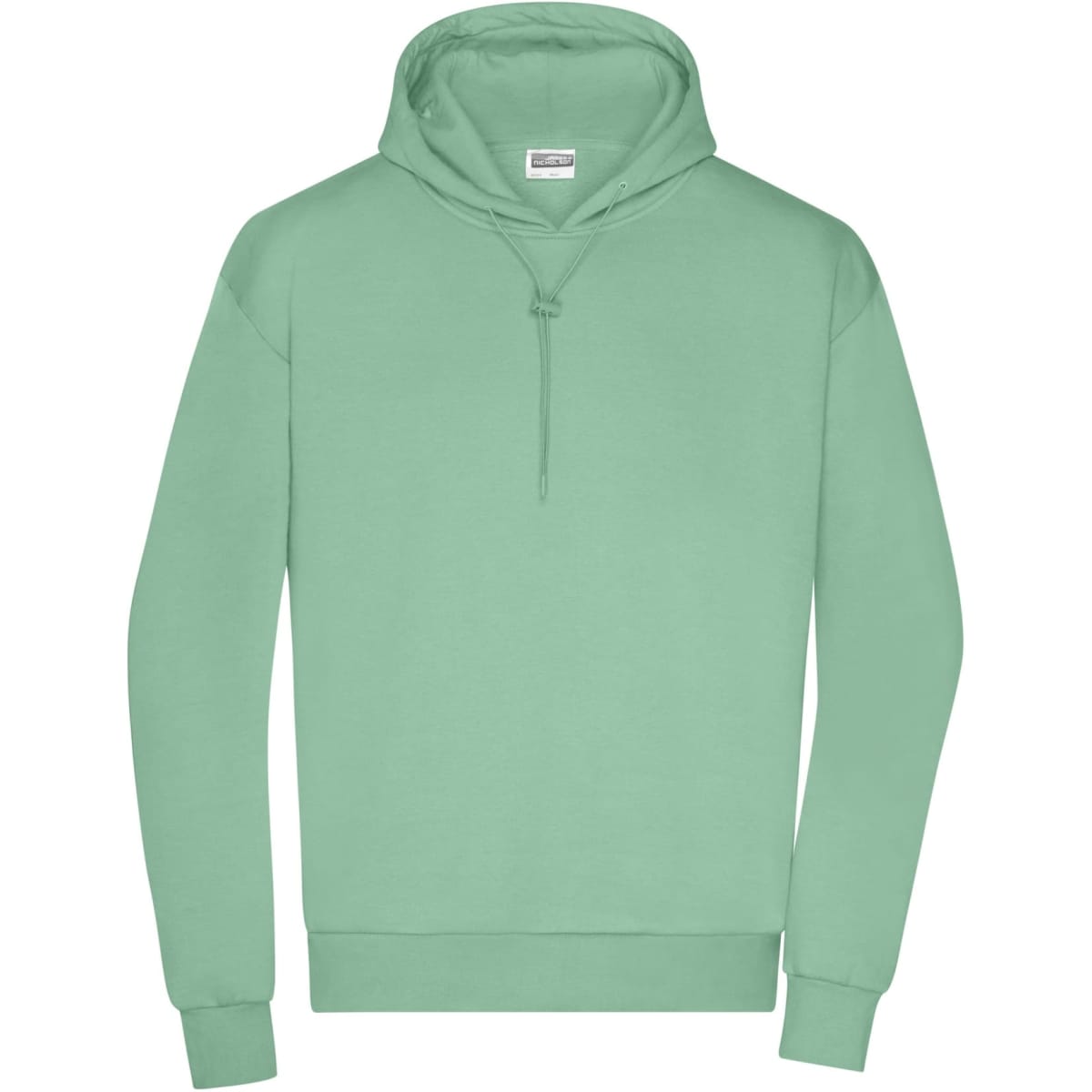 A mint green men's lounge hoodie featuring a drawstring hood. It has a simple design and includes branding.