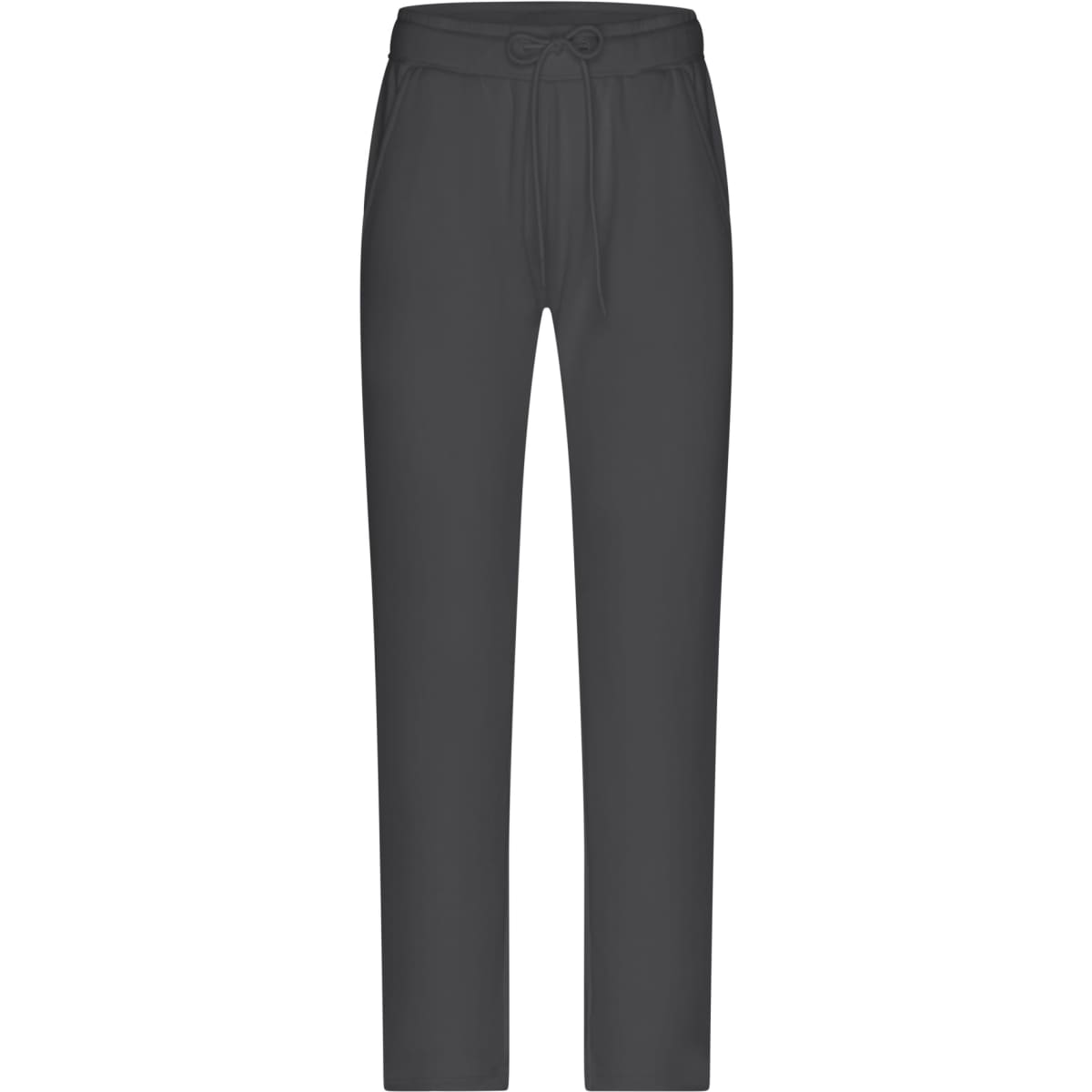 A pair of grey lounge pants with a drawstring waist, featuring a soft fabric and straight leg design.
