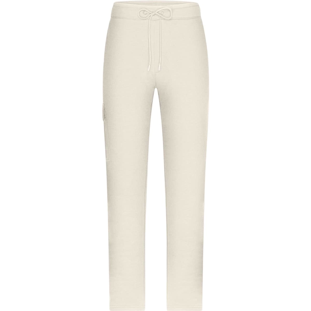 Cream-coloured men's lounge pants with a drawstring waist and a side pocket, featuring a small logo.
