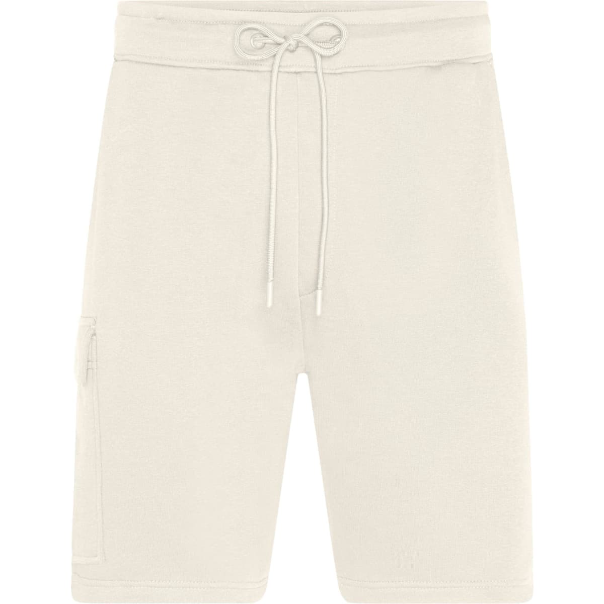 Men's lounge shorts in a light beige colour, featuring an elastic waistband with a drawstring and a side pocket.