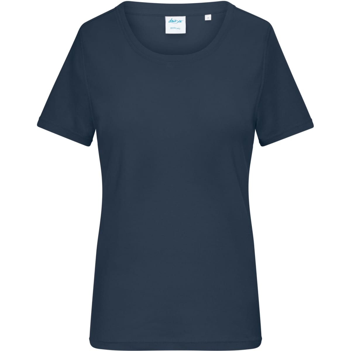 A navy ladies T-shirt with a round neckline and short sleeves, featuring a branded label.