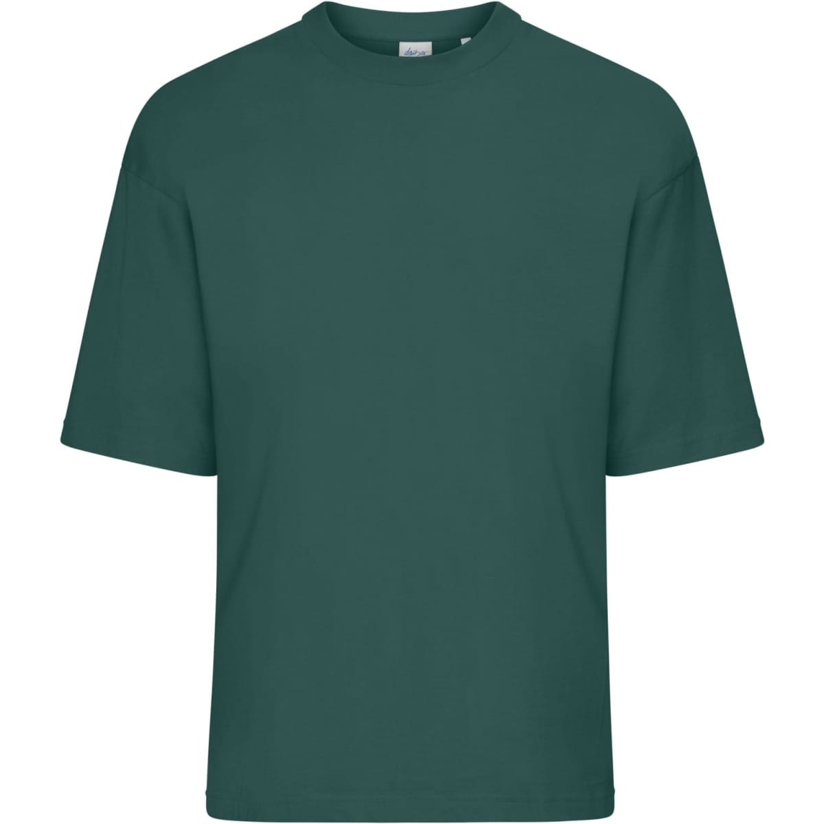 An oversized dark green t-shirt featuring a loose fit and short sleeves. It has a brand logo on the label.