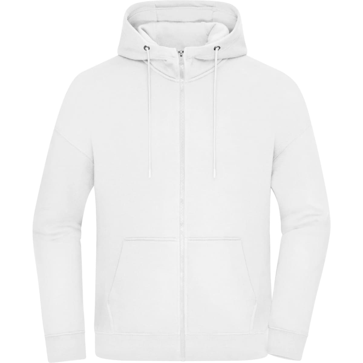 An oversized hooded jacket in white, featuring a zip front and front pockets, with a logo on the chest.