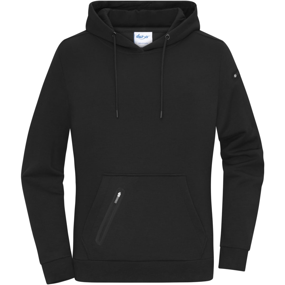 A black interlock ladies hoodie with a front pocket and a small logo on the sleeve.
