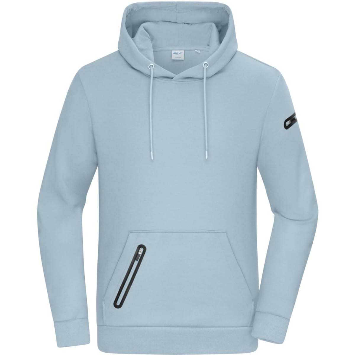 A light blue men's hoodie with a drawstring hood and a zippered pocket on the front, featuring a logo on the sleeve.