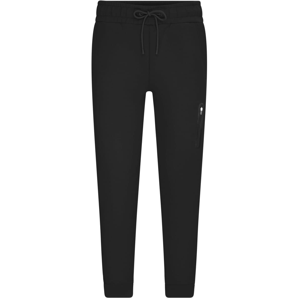 Black interlock pants featuring a drawstring waistband and a zippered side pocket. Includes a branding logo.