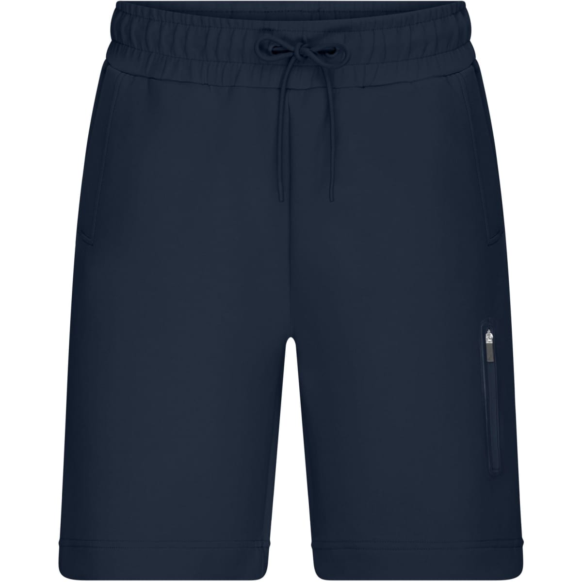 Men's interlock shorts in a navy blue colour with an elastic waistband and a side zip pocket. Features a logo.