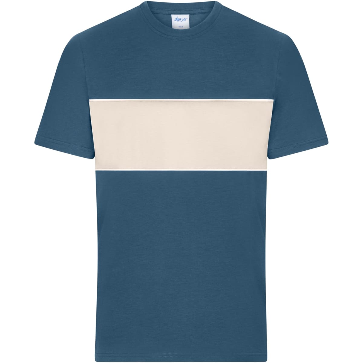 A colour-block T-shirt featuring a blue body with a cream horizontal stripe across the chest. Includes a logo.