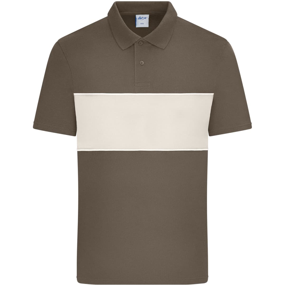 A brown and cream colour-block polo shirt, featuring a classic collar and short sleeves. It has a brand logo on the label.