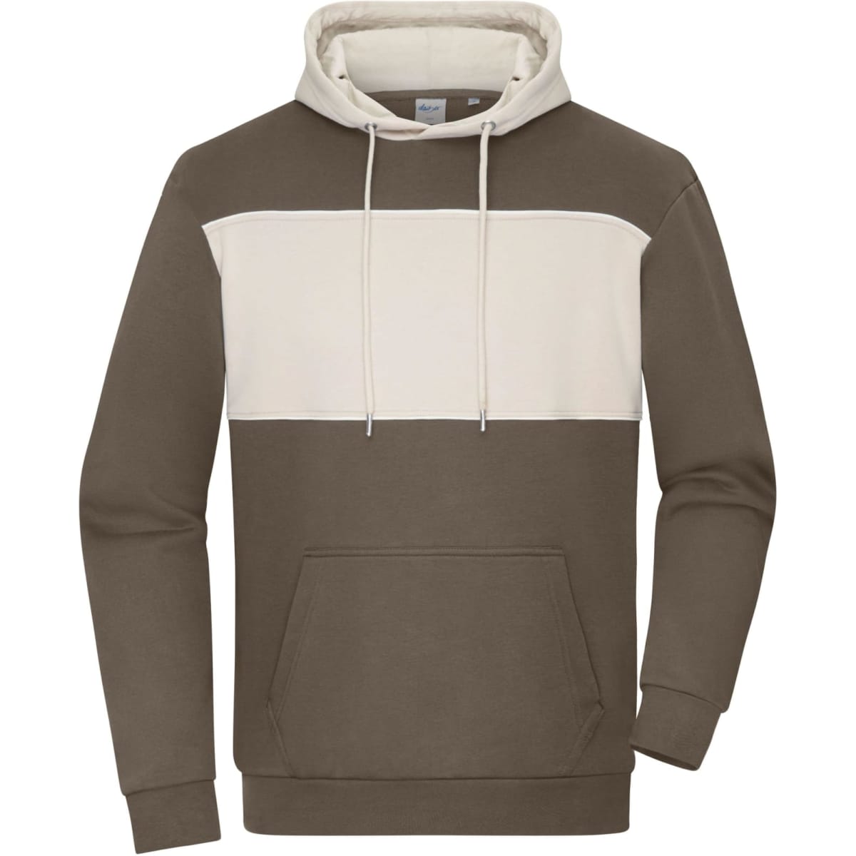 A colour-block sweat hoodie featuring a brown body and a cream-coloured panel across the chest. It has a front pocket and a hood.