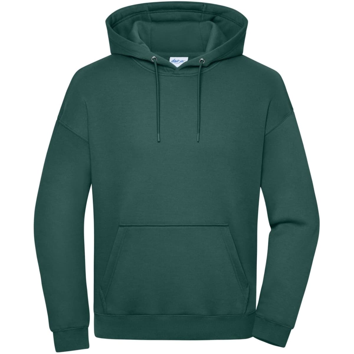 An oversized unisex hoody in deep green, featuring a front pocket and a drawstring hood. It has a logo.