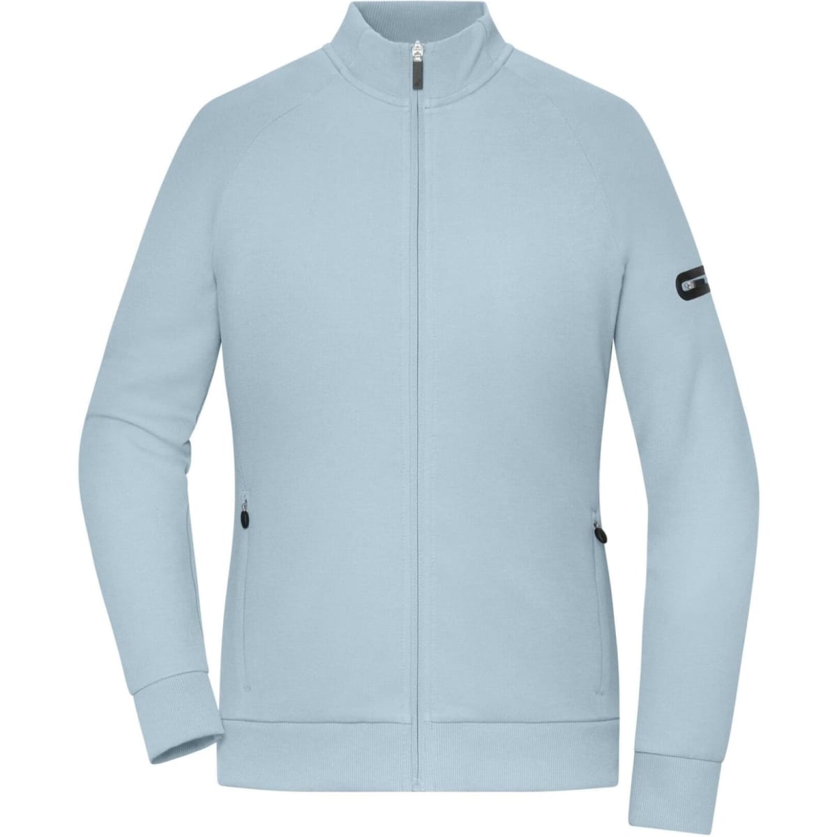 A light blue zip jacket with a high collar and zippered pockets, featuring a branding logo on the sleeve.