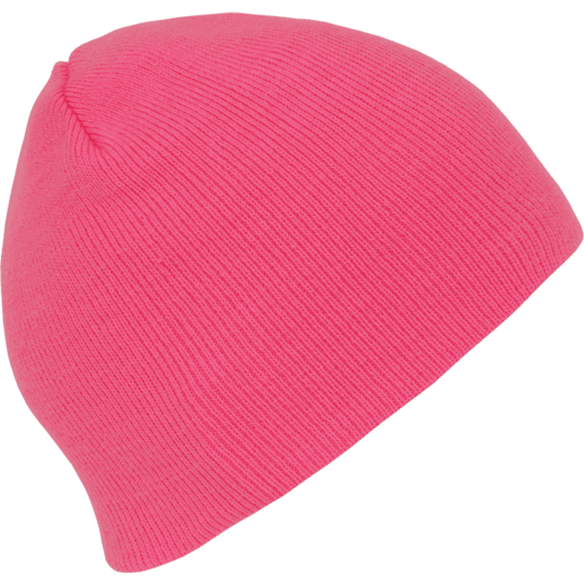 A bright pink acrylic short beanie with a snug fit and ribbed texture. It features a logo on one side.