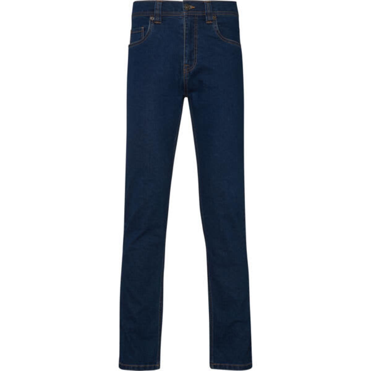 A pair of dark blue denim jeans with a fitted style and pockets. The jeans have a logo on the waistband.