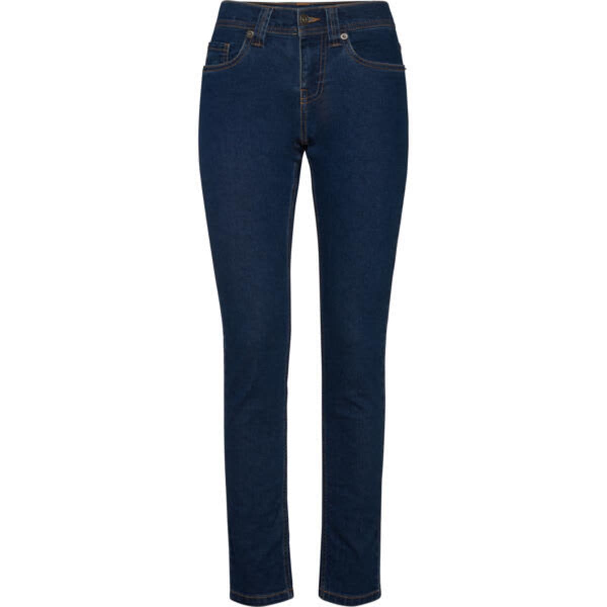 A pair of women's denim jeans in a dark blue colour with a slim fit design. Features include pockets and stitching details.