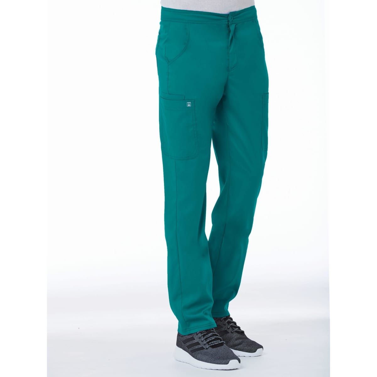 A pair of men's tapered cargo pants in teal with an elastic waist and multiple pockets. Features a logo on the material.